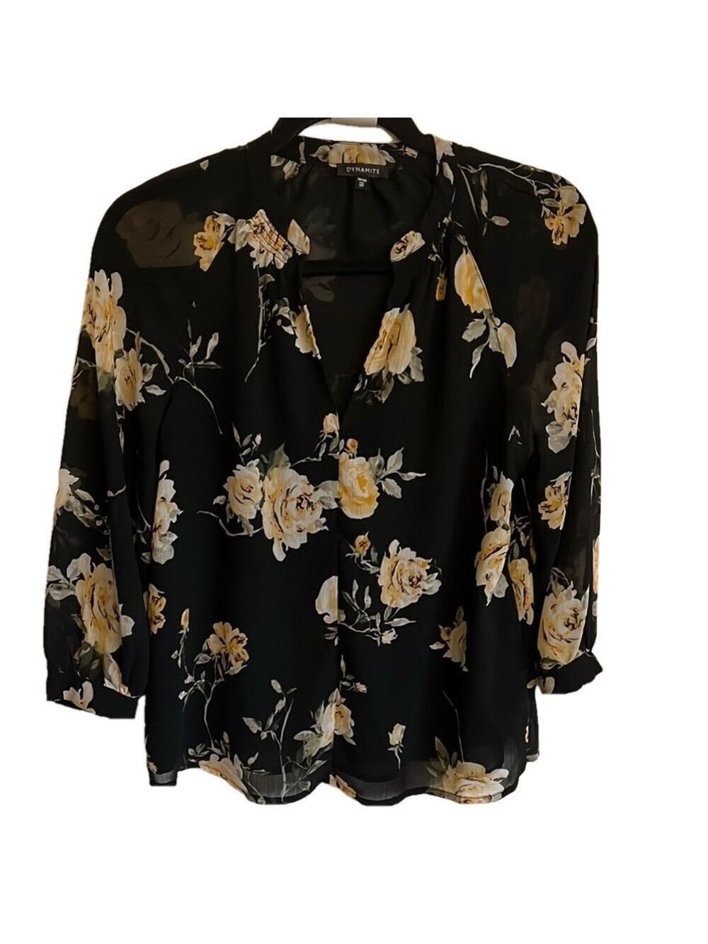 Dynamite Black and Gold Graphic Blouse with 3/4 Sleeves